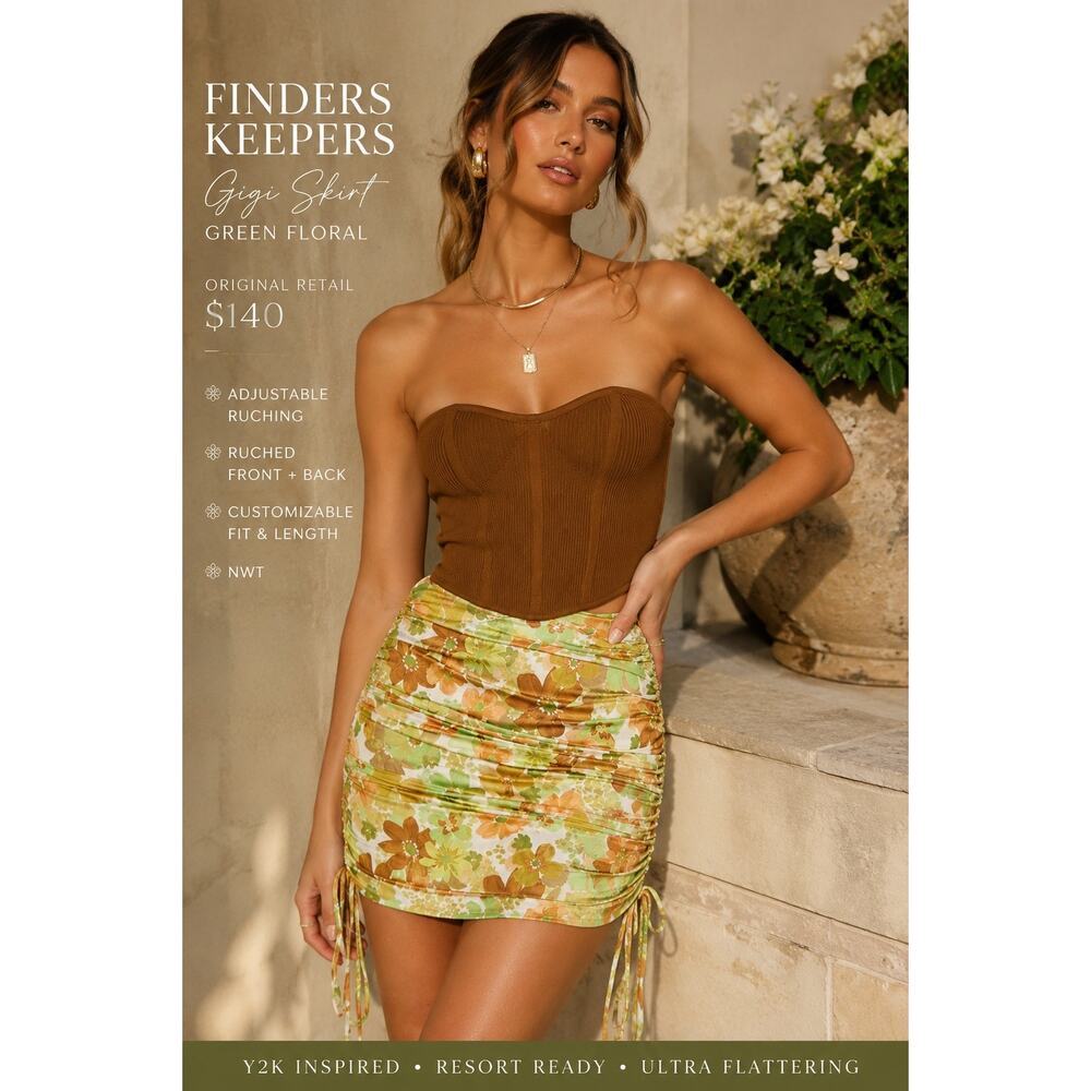 NWT Finders Keepers Gigi Skirt Green Floral Ruched Mini Y2K Resort Skirt Size S